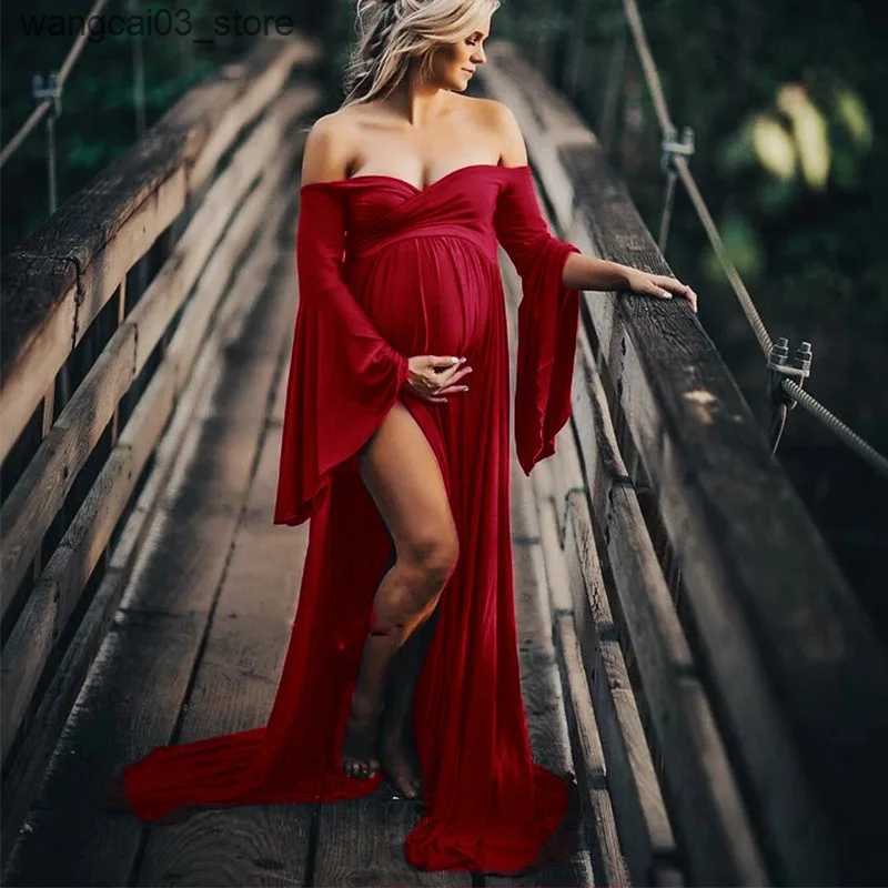 Maternity Dresses Flare Sleeve Maternity Dresses Photoshoot Slit Long Vestidos Shoulderless Baby Shower Dress for Pregnant Woman Photo Session L240910