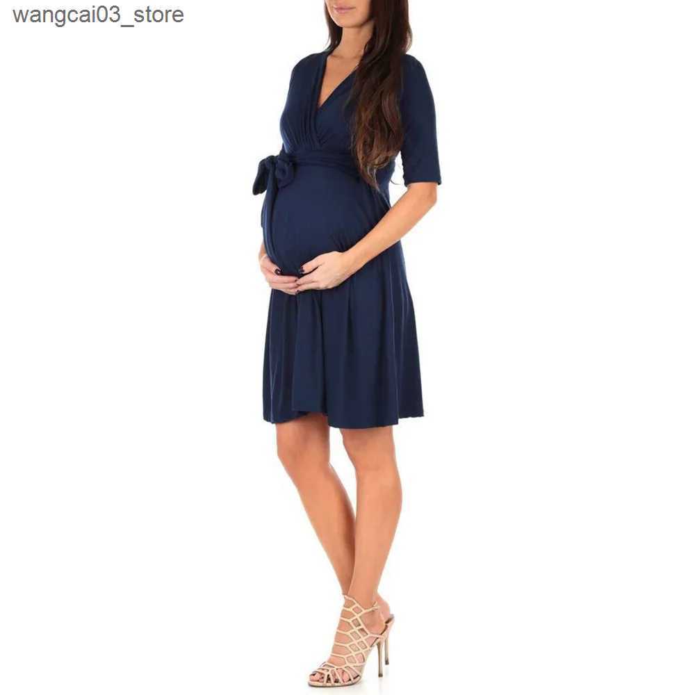 Maternity Dresses Maternity Drawstring Dress Maternity Clothes Summer Casual Pregnant Women Short Sleeve V-Neck Dress Vestidos Pregnancy Clothing L240