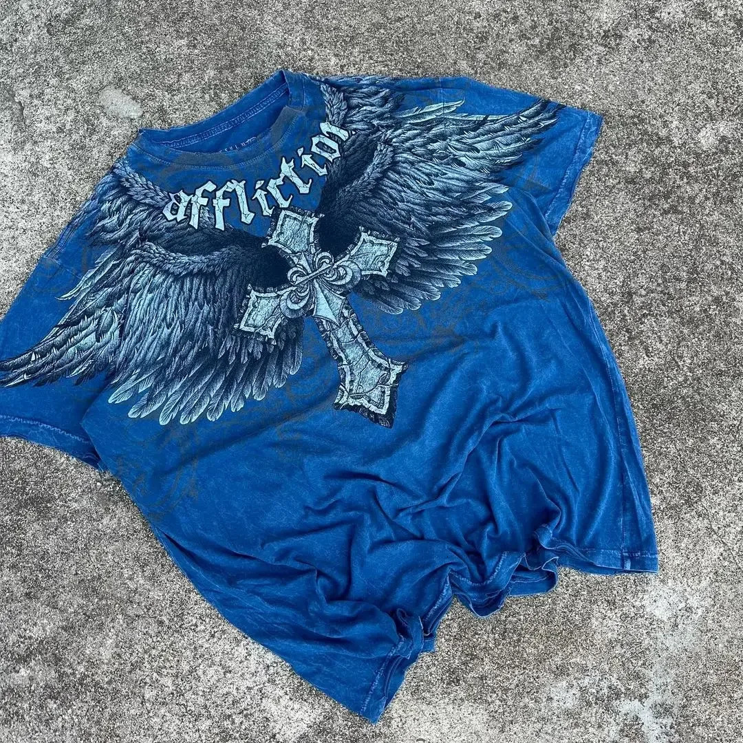 Y2k European and American Hip Hop Skull Large Tshirt Street Harajuku Retro Alphabet Printing Top Mens Casual Graphic 241011