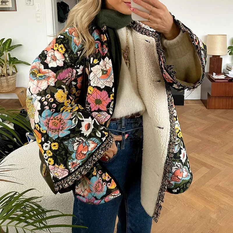 Vintage floral printed cotton coat womens wool thick warm long sleeved quilted jacket autumn and winter clothing 241010
