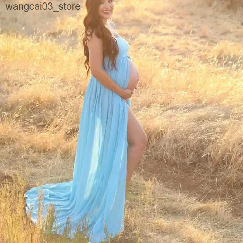 Maternity Dresses Summer Maternity Dresses Pregnant Women Slit Open Front Long Dress For PhotoShoot Pregnancy Chiffon Dress Photography Props L240910