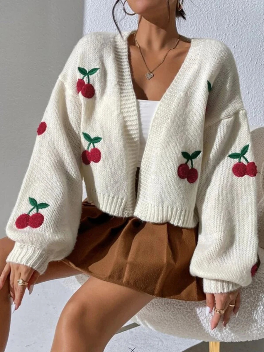 MALCIKLO Women s Open Front Loose Sweater Cardigan Cherry Embroidery Lantern Long Sleeve Cropped Jacket 241007