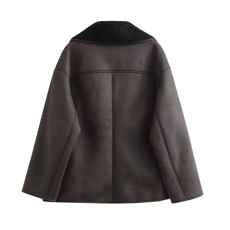 TRAF 2024 Woman Thick Faux Leather Jackets for Women Autumn Winter Warm Wool Blends Coats Demi-season Plush Jacket Outerwear