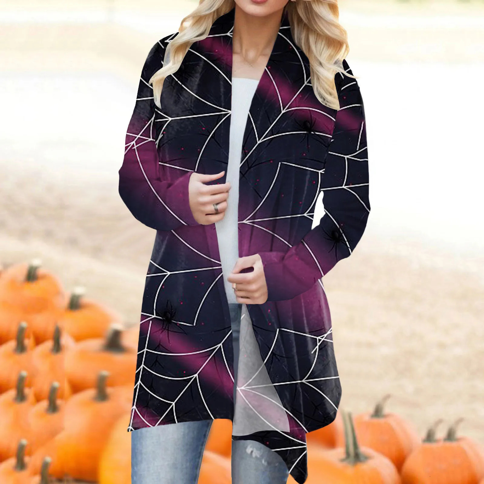 Womens fashion casual Halloween printed cardigan wool coat to keep warm medium to long party cardigan plus size 241007