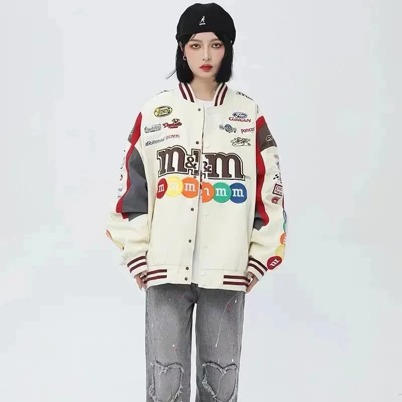 Bomber Jacket Women Hip Hop Letter M Embroidery Motorcycle Loose Casual Coat Unisex Street Racing Varsity Baseball Outwear 241011