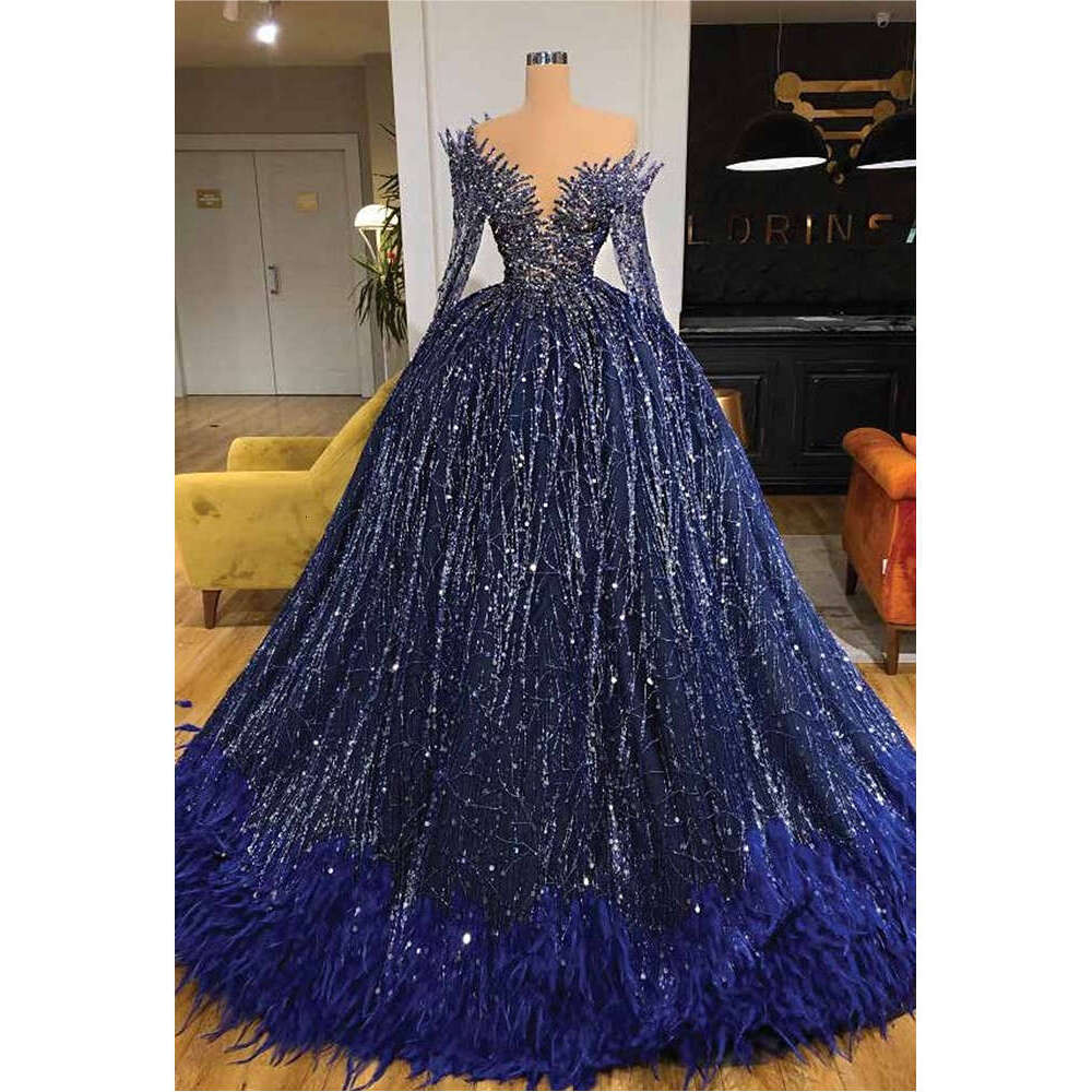 Gorgeous Deep V-Neck Prom Dresses Long Sleeves With Sparkly Beads Evening Ball Gown 2024 Custom Made Feather