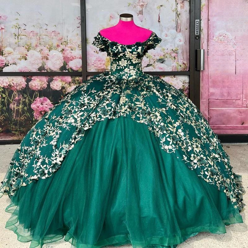 Emerald Green Quinceanera Dresses Off The Shoulder Sequined Appliques Lace Flower Tull Sweet 16 Birthday Party Dress Vestidos 15 de Anos