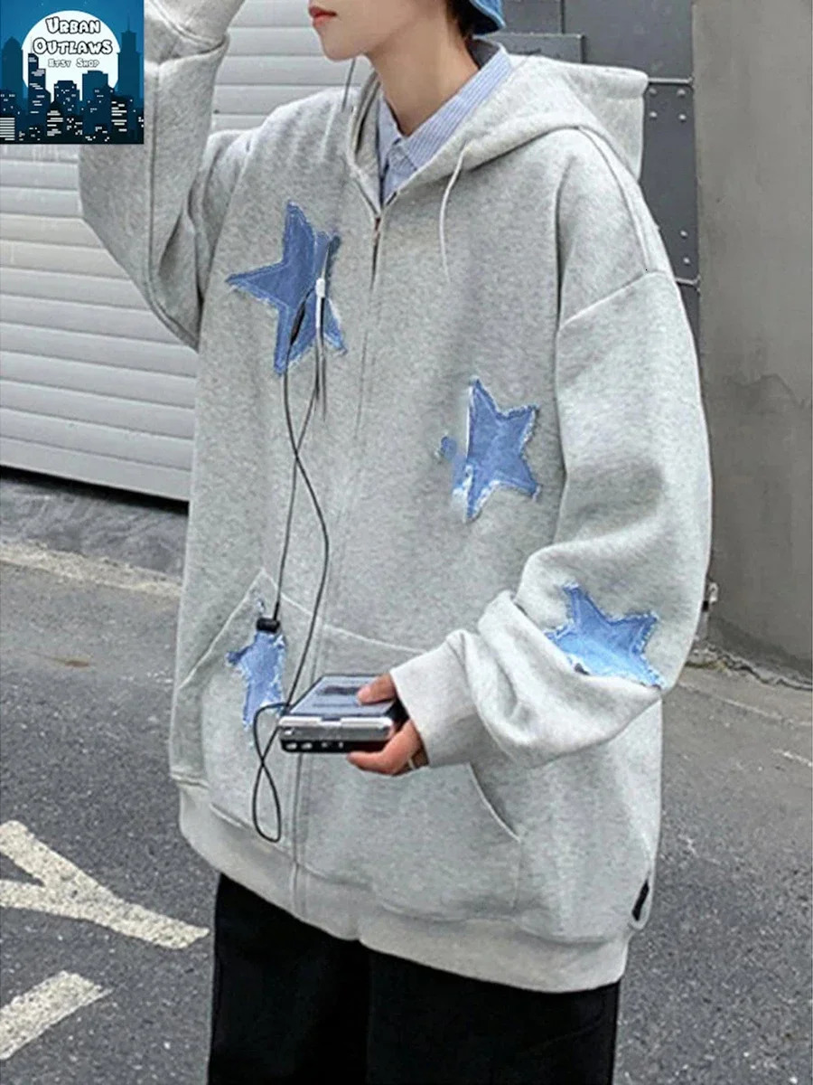 Womens Zipper Hoodie Star Pattern Casual Long Sleeve Sports Jacket with Pocket Suitable for Autumn Street Wear 241010