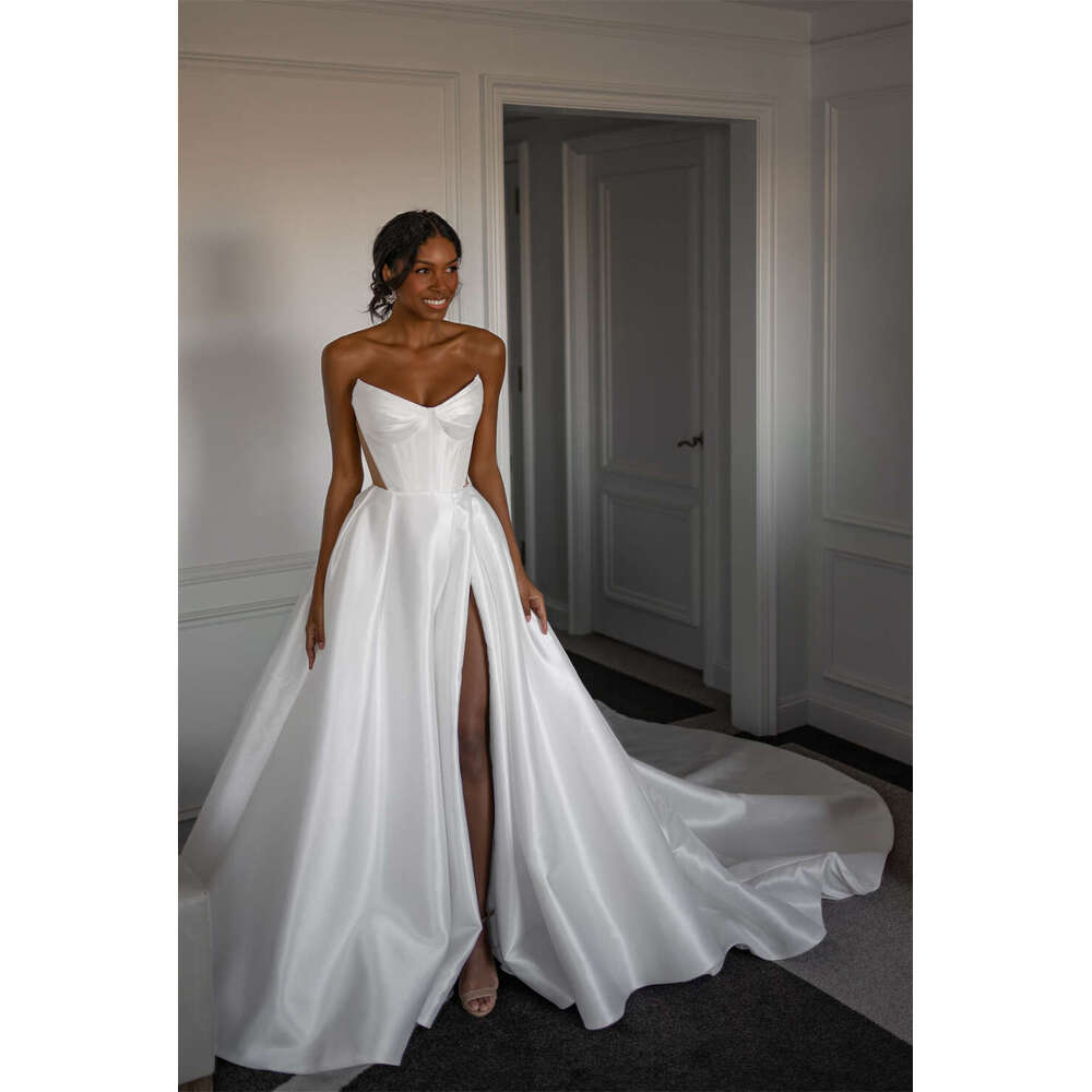 FIDDY898 Strapless Sleeveless Wedding Dresses High Quality Satin Fabric with Buttons Sweetheart Leg Split Bridal Dress C137