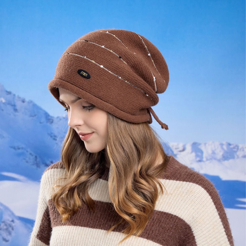 and Autumn Winter Korean Version Big Head Circumference Pile Cap Rolled Edge Striped Knitted Hat Ear Protection