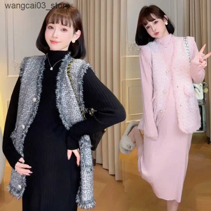 Maternity Dresses Pregnant Women Autumn Knitting Dress Solid Color Long Sleeve French Style Maternity Dress Elegant Pregnancy Basic Dress Slim L240910