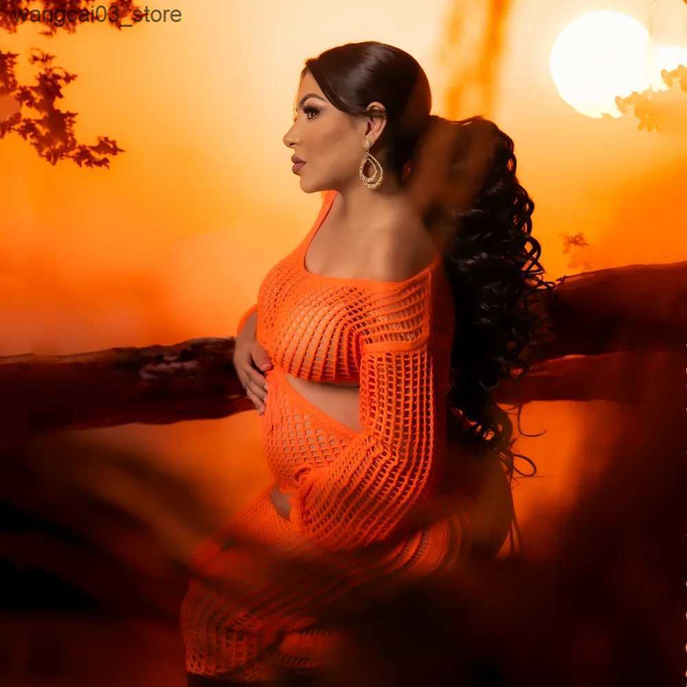 Maternity Dresses Fashion Sexy Pregnant Woman Photo Shoot Dress Orange Hollow Out Full Sleeve Maternity Photography Long Dress L240910