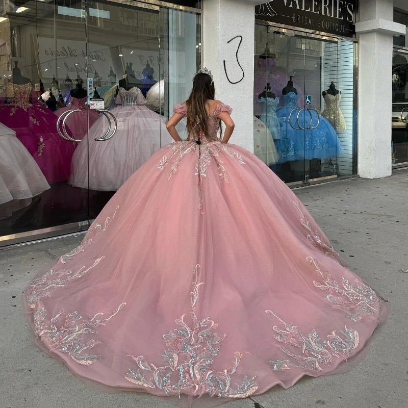 Pink Shiny Off The Shoulder Quinceanera Dresses Ball Gown Appliques Lace Beads Tull Sweet 16 Dress Vestidos 15 De XV Anos