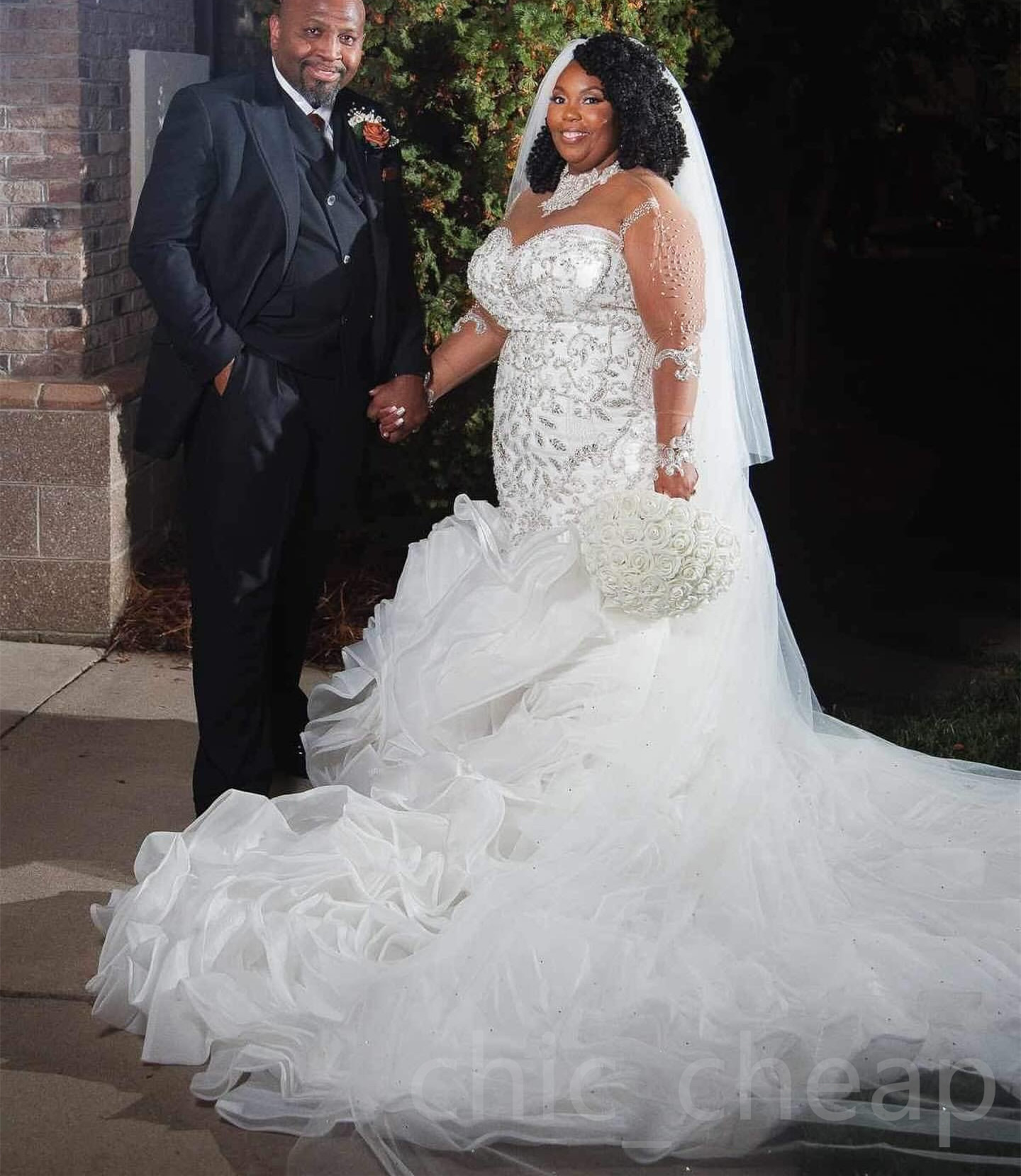 2024 Arabic Aso Ebi Plus Size Off White Mermaid Wedding Dresses Beaded Rhinestones Lace Full Sleeves Organza Vintage Elegant Bridal Gowns Dress ZJ64