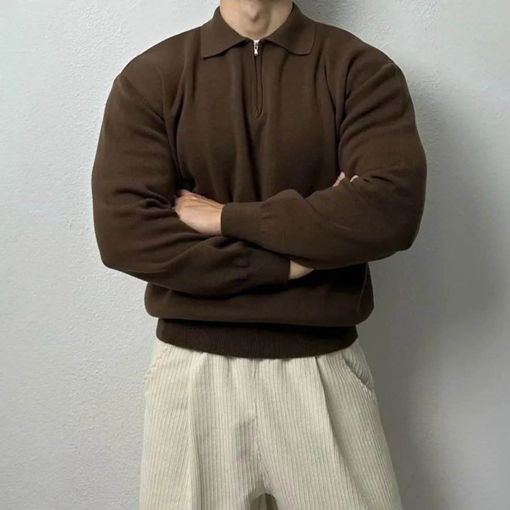 Mens Pullover Polo Korean Retro Preparatory Style Long Sleeve Mini Relaxing Fit Classic Retro workwear Autumn Top 240927