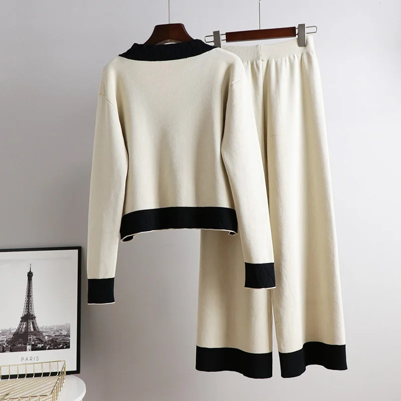 Casual womens twopiece spring autumn almond black Vneck solid cardigan and high waisted pants set 241008