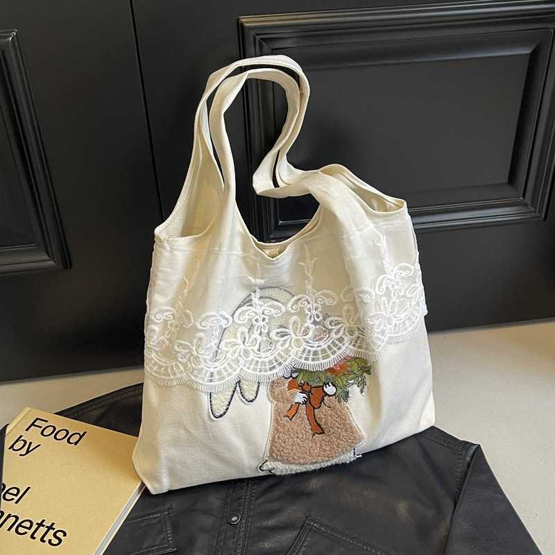 Korean canvas bag, women's fashion lace decoration, trendy towel embroidery, cute rabbit armpit shoulder bag, tote bag 241015