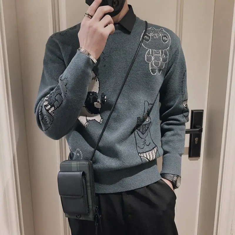 Fashionable O-neck Embroidered Cartoon Sweater Mens Wear Winter Loose Knitted Full Match Lanhua Leisure Warm Top 241007