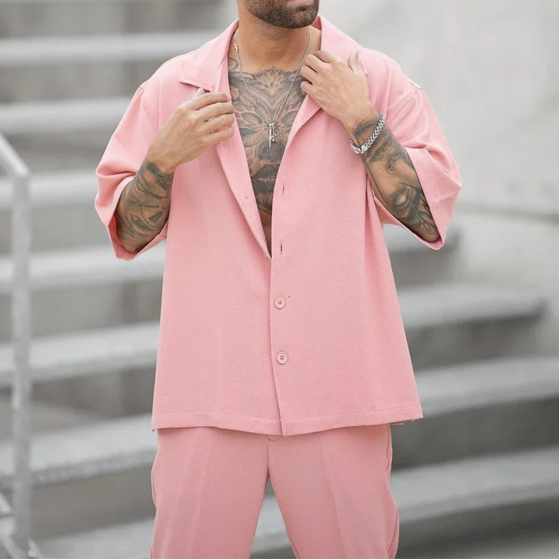 2024 Summer Fashion Two Piece Suits Mens Clothing Casual Short Sleeve Lapel Button Shirt And Pants Set For Men Leisure Outfits 241008