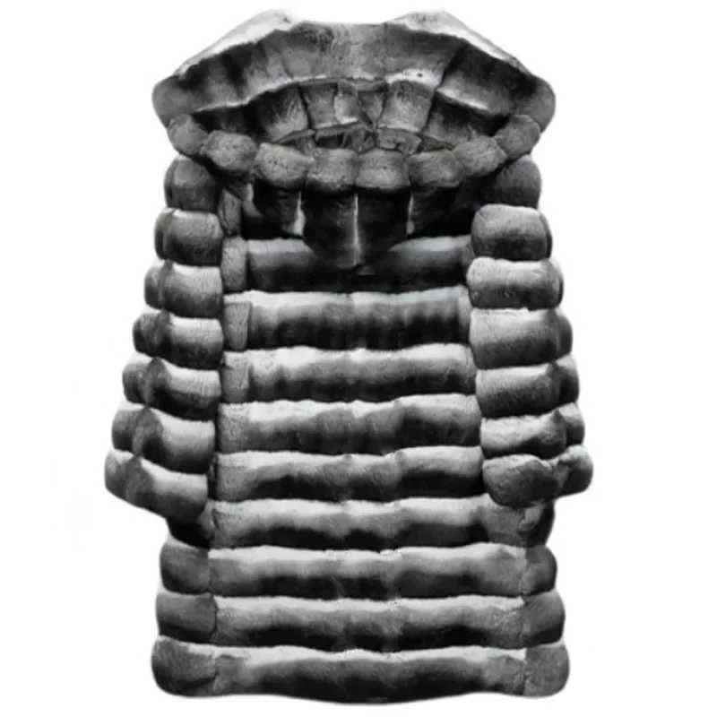 Womens faux fur coat hooded coat thick and warm elegant splicing autumn and winter 2024 striped mid length jacket casual open seam W241010