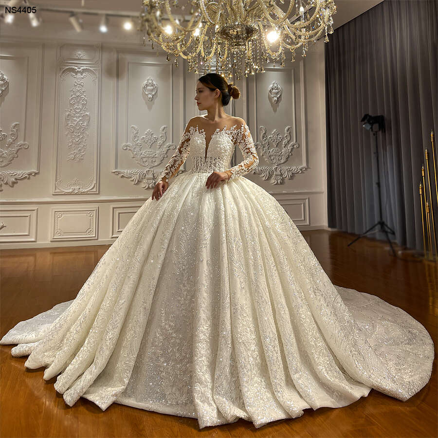 Long Sleeve Off White Ball Gown Lace Wedding Dress