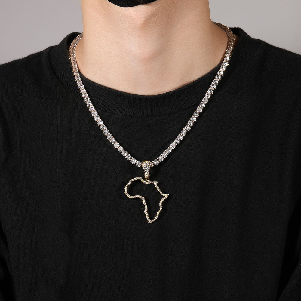 Vintage Hollow Map of Africa Pendant Necklace 5A Zircon Men Women Couple Jewelry