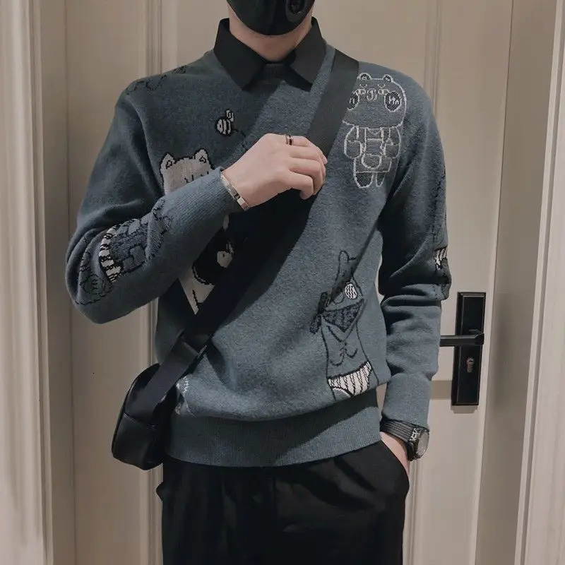 Fashionable O-neck Embroidered Cartoon Sweater Mens Wear Winter Loose Knitted Full Match Lanhua Leisure Warm Top 241007