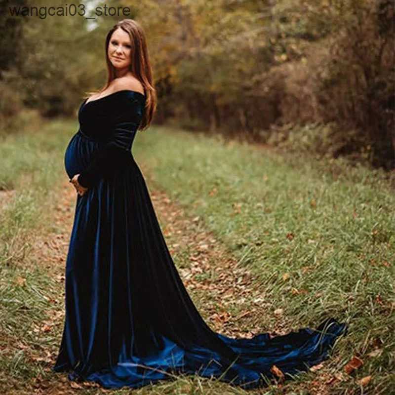 Maternity Dresses Velvet Maternity Dress Women Winter Long Sleeve Shoulderless Pregnant Ladies Robe Premama Photo Shoot Maxi Party Evening Dresses L24