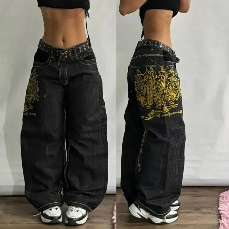 American Retro Skeleton Wing Embroidered Pocket Jeans for Men and Women Y2K Harajuku Hip Hop Gothic Wide Troy Streetwear 240930