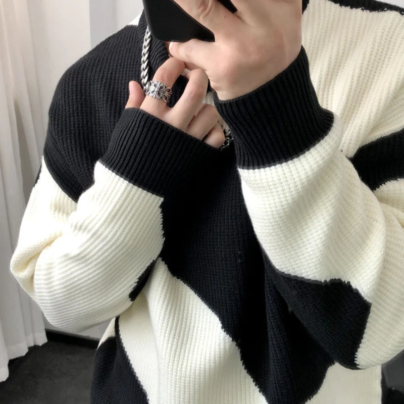Man Clothes Round Collar Pullovers Knitted Sweaters for Men Crewneck Color Matching Black Cigaret Casual Korean Style Jumpers S 241007