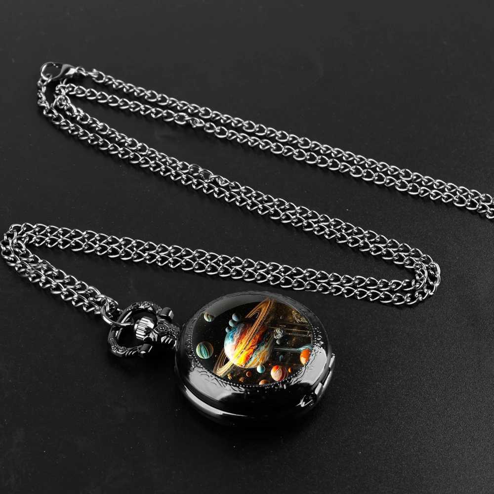 Planet World Design glass dome quartz pocket watch with durable chain Arabic numeral dial suitable for creative gifts for men and women W241010