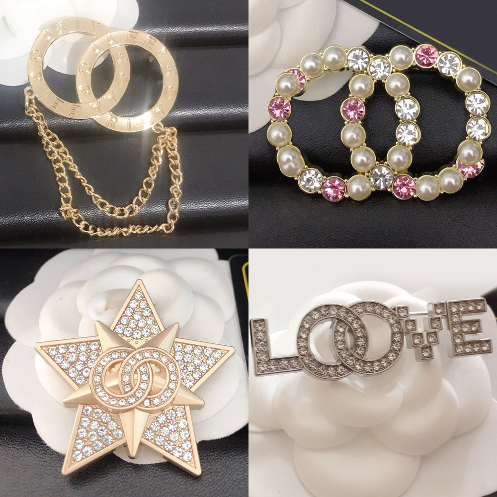 Wholesale Brooch Designer Brooches Pin with Stamp Correct Geometric Women Charm Crystal Pearl Cross Semicircle Letter Pins for Famous Wedding Party Jewelry