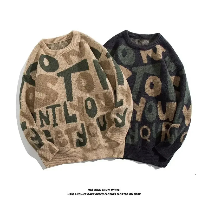 Retro letter mens sweater autumn Korean casual black top womens O-neck big fashion mens sweater item 241007