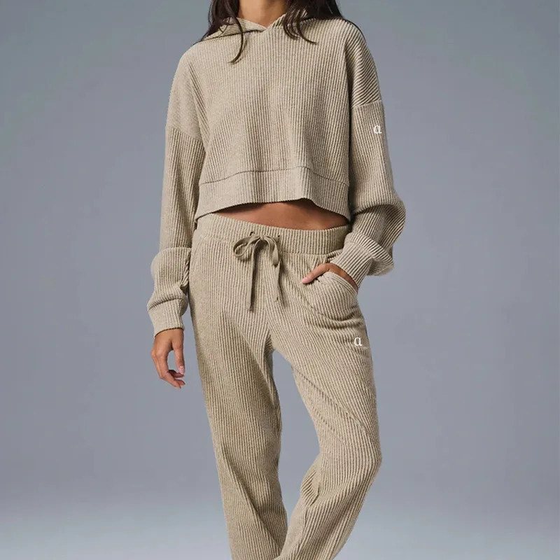 Corduroy Sports Yoga A1012 Two Piece Set Hooded Loose Fitness Sweatshirt Workout Hoodie Long Sleeve Pants Women Jogger Suit Gym Tracksuit