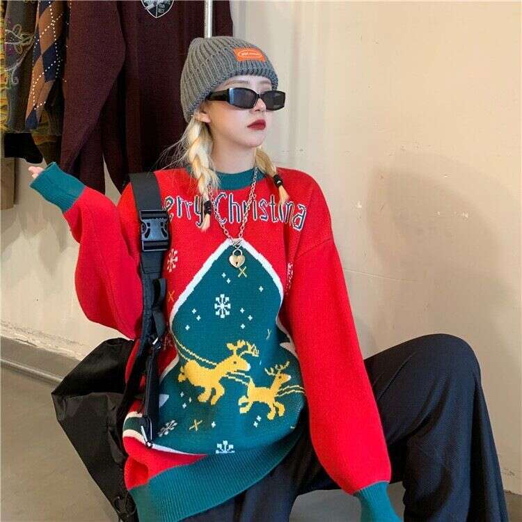 2024 Christmas unisex deer jacquard sweater for autumn and winter, warm knit sweater, round neck pullover