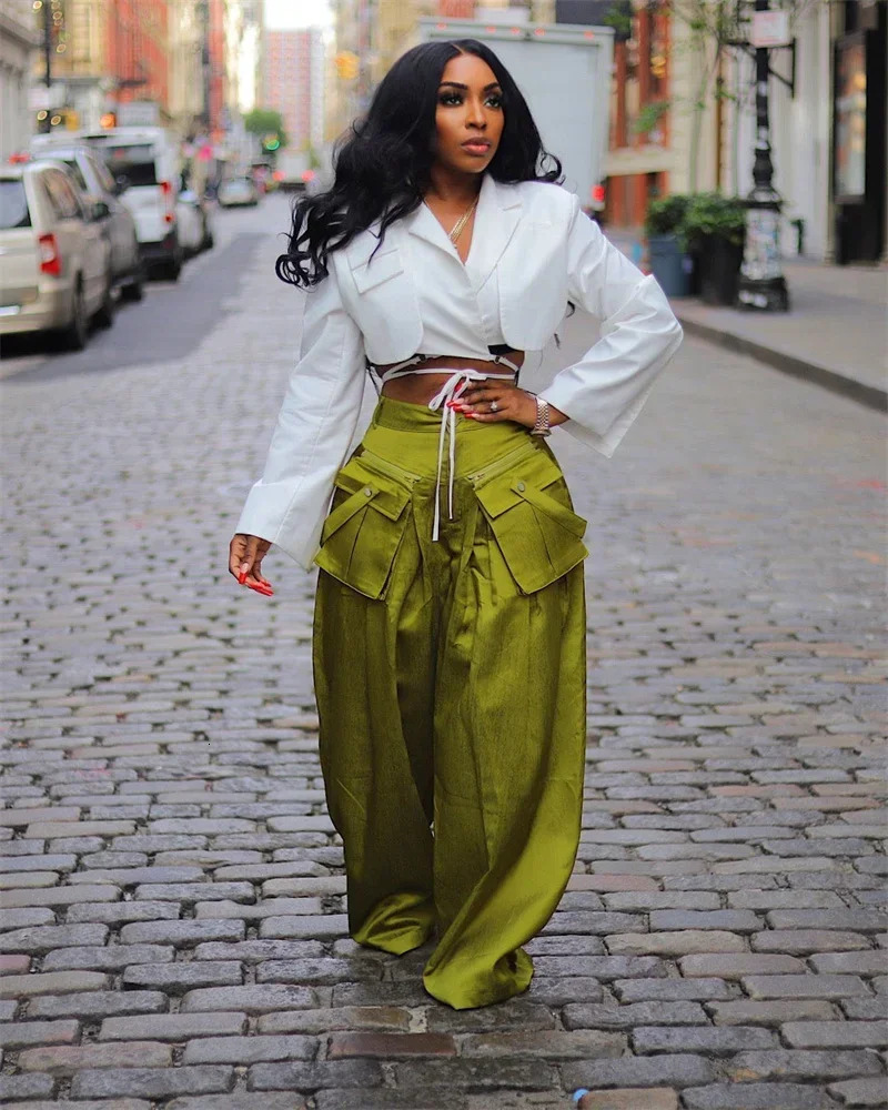 Fashion Streetwear High Waist Removable Pockets Wide Leg Pants For Women INS Hip Hop Casual Loose 2024 Spring Summer Trousers