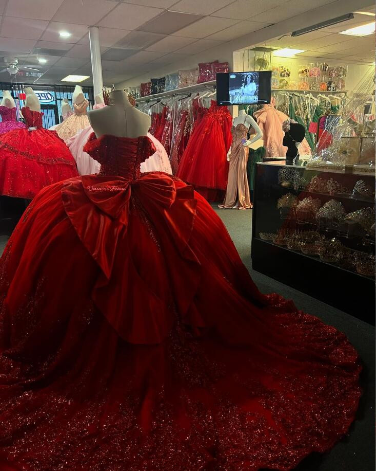 Sparkly Red Princess Quinceanera Dresses 2025 Off Shoulder Gillter Luxury Applique Bow Corset Lace-up vestido de 15 quinceanera