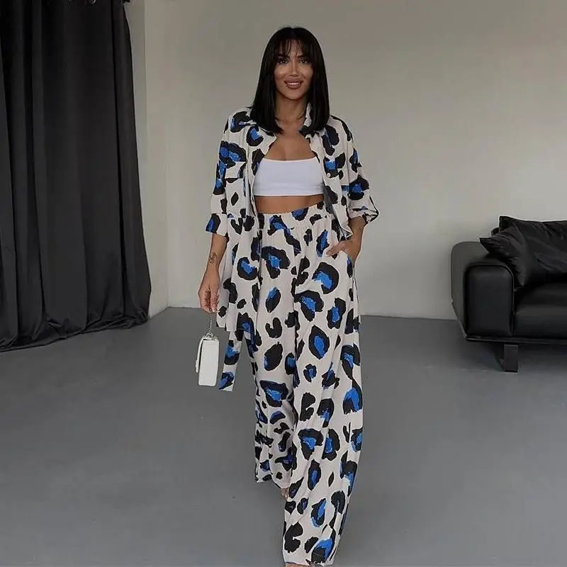 European and American springsummer casual womens printed n long sleeved shirtwide leg pants twopiece set 241008