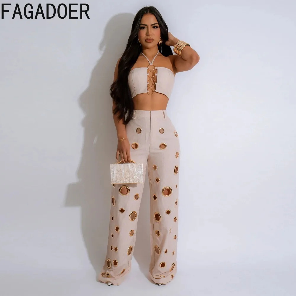 FAGADOER sexy solid hole wide leg pants streetwear womens sleeveless backless crop top and twopiece set 241008