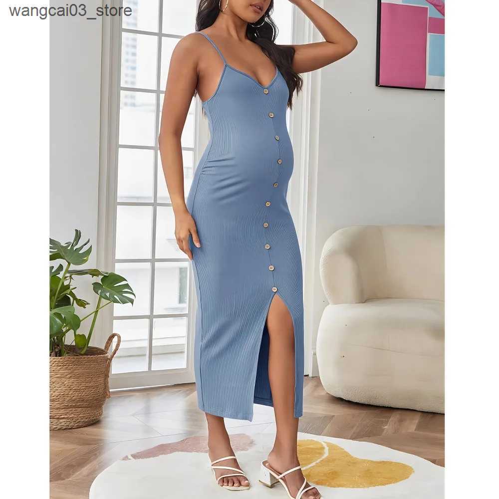 Maternity Dresses European and American Fashion Sexy Hem Slit Pregnant Button Camisole Dress Summer Hot Slim A Line Sling Dress 24ss Y2k Pregnancy L24