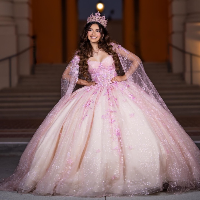 Pink Prom Party Vestido De 15 Anos Luxury Ball Gown Quinceanera Dresses With Cape Sequin Applique Lace Beads Tull Sweet 16 Dress