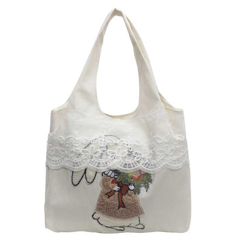 Korean canvas bag, women's fashion lace decoration, trendy towel embroidery, cute rabbit armpit shoulder bag, tote bag 241015
