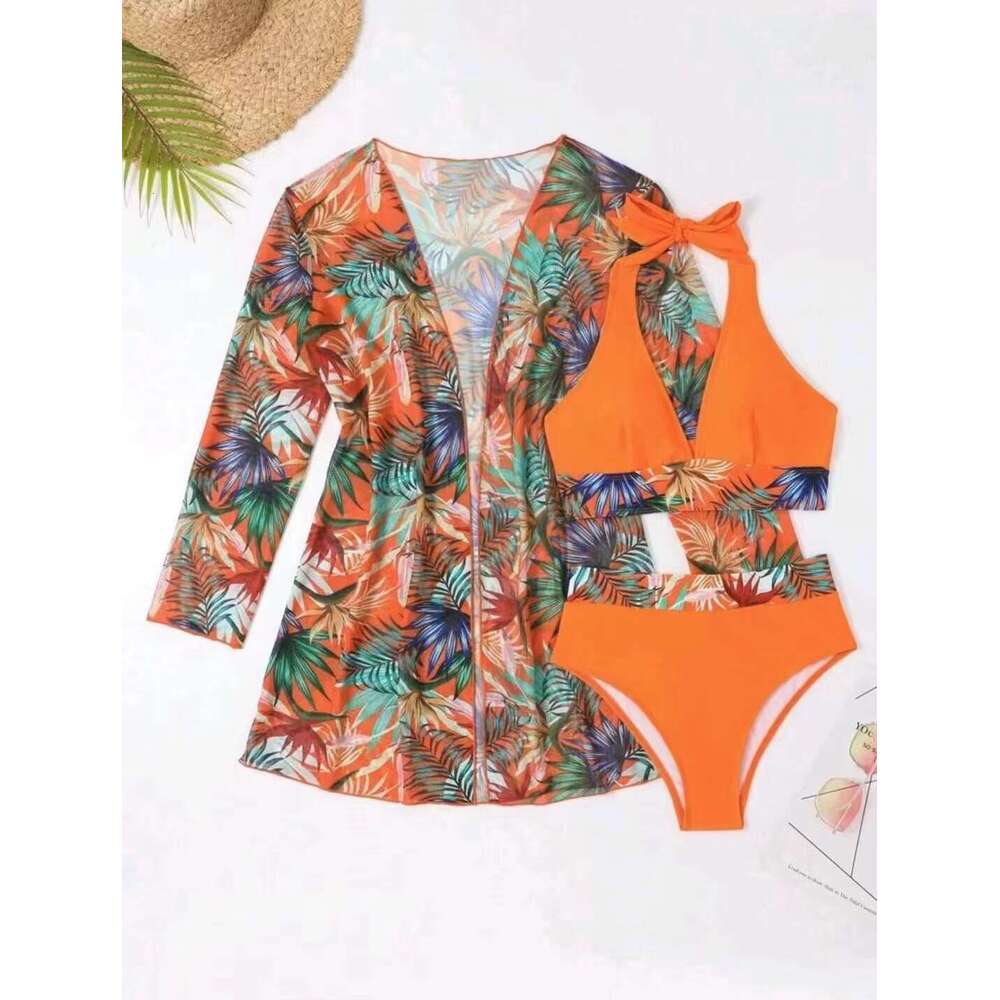 New Sexy Bikini Mesh Three Piece Set 2024 Gathering Split Print Swimsuit For Women