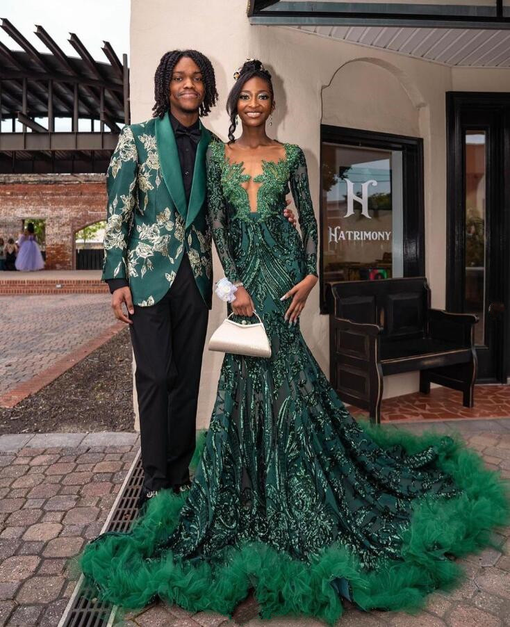 Sparkly Hunter Green Mermaid Evening Dresses for Black Girl Luxury Crystal Applique Long Sleeve Prom Birthday Gala Gown Sheer