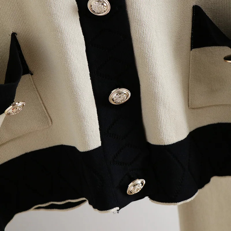 Casual womens twopiece spring autumn almond black Vneck solid cardigan and high waisted pants set 241008