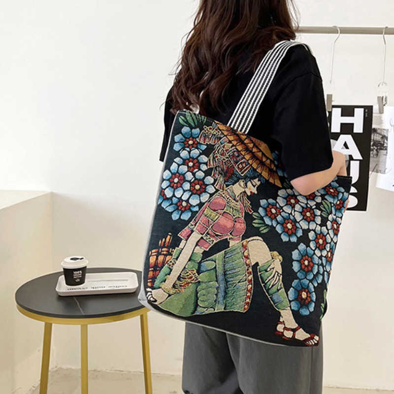 women's bag, embroidered fashion trend, large capacity canvas bag, shopping and working women's shoulder bag 241015