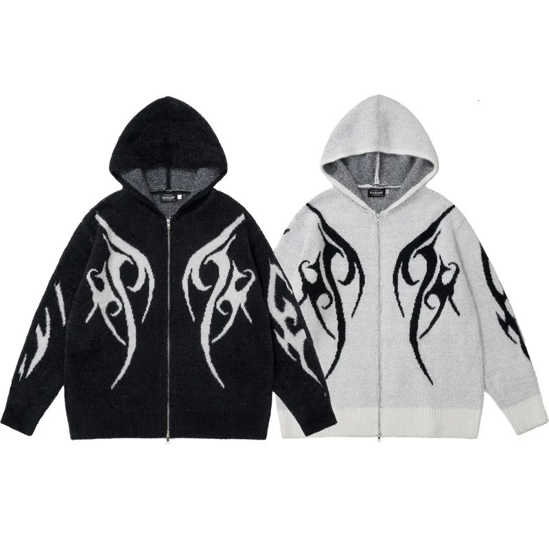 Mens retro knitted Y2K graphic sweater with winter zipper oversized cardigan unisex fashion 2000s youth clothing 241007