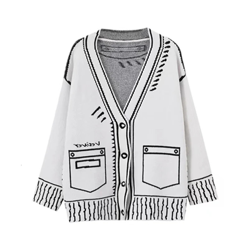 Karrram Print Graffiti Unique Cardigan Women Loose Vneck Long Sleeve Knitted Female Cardigans Coat Y2k Winter 241007