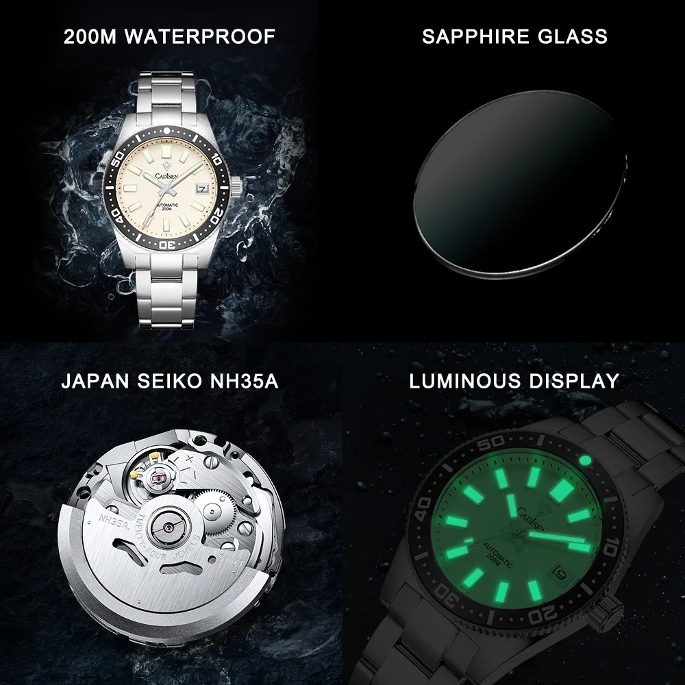 CADISEN 38mm Diving Mens Watch Japan NH35A Automatic Mechanical Sapphire Glass Date Light 200M Waterproof Watch for Men 241009