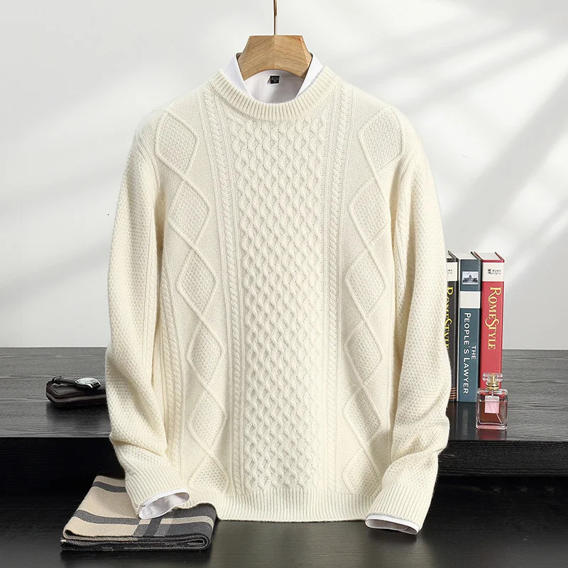 100 Cashmere Sweater Mens ThreePly Thick Twisted Heavy Round Neck Pullover Long Sleeve Casual Knitting Bottoming Warm 241009
